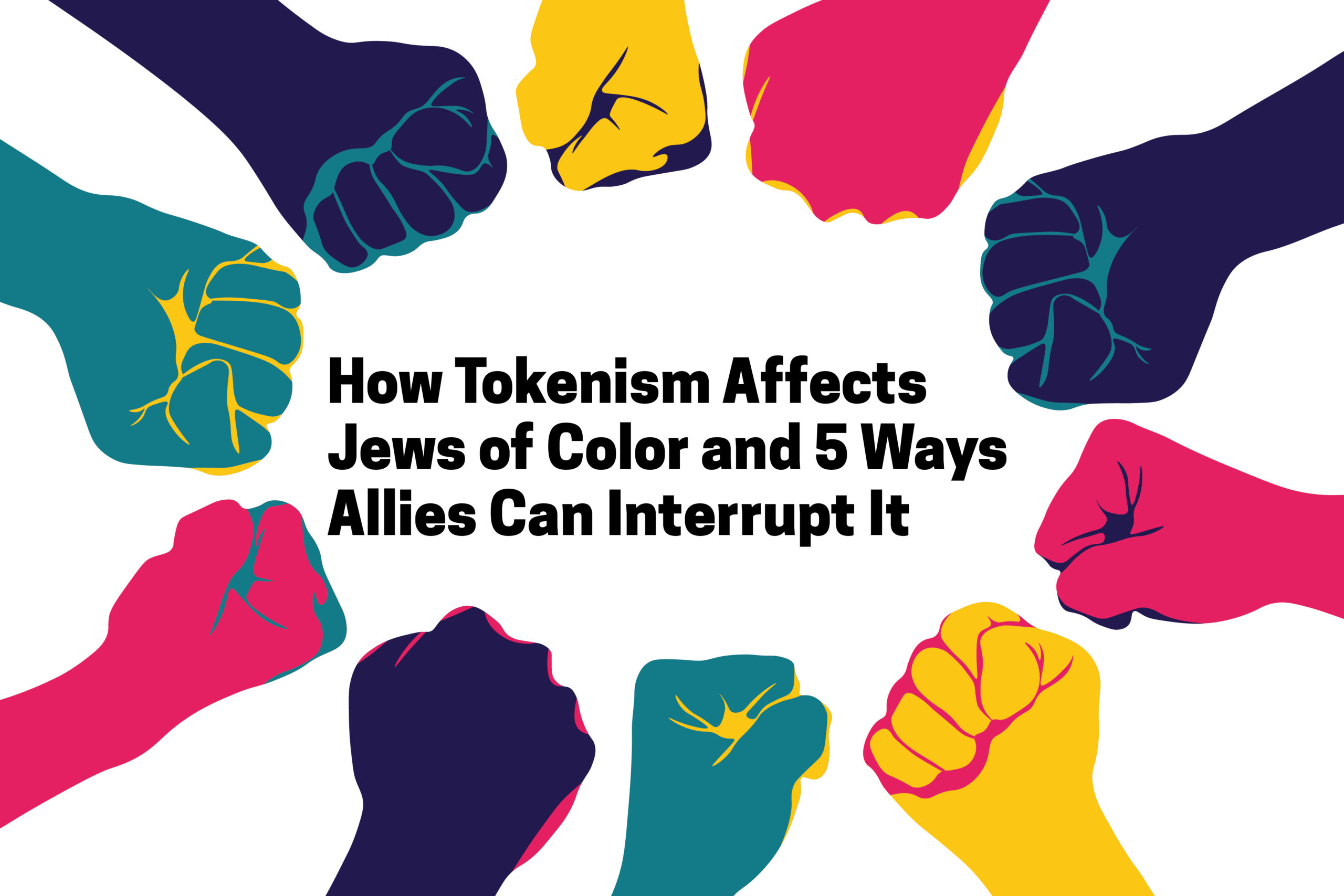 Graphic with title and fists in assorted blues, pinks, and yellows