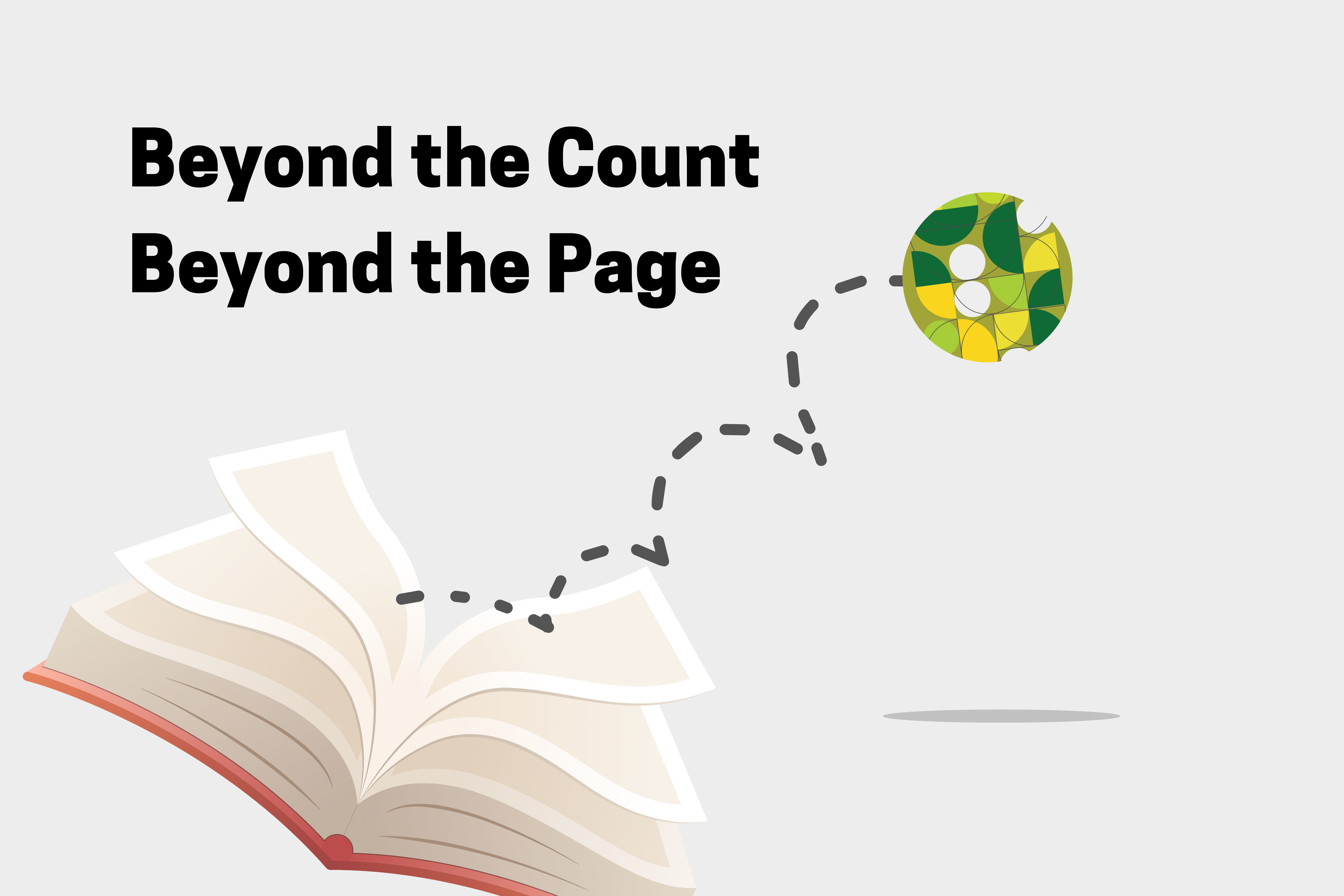 Beyond the Count Beyond the Page, open book with "ball" that has Beyond the Count logo bouncing into air