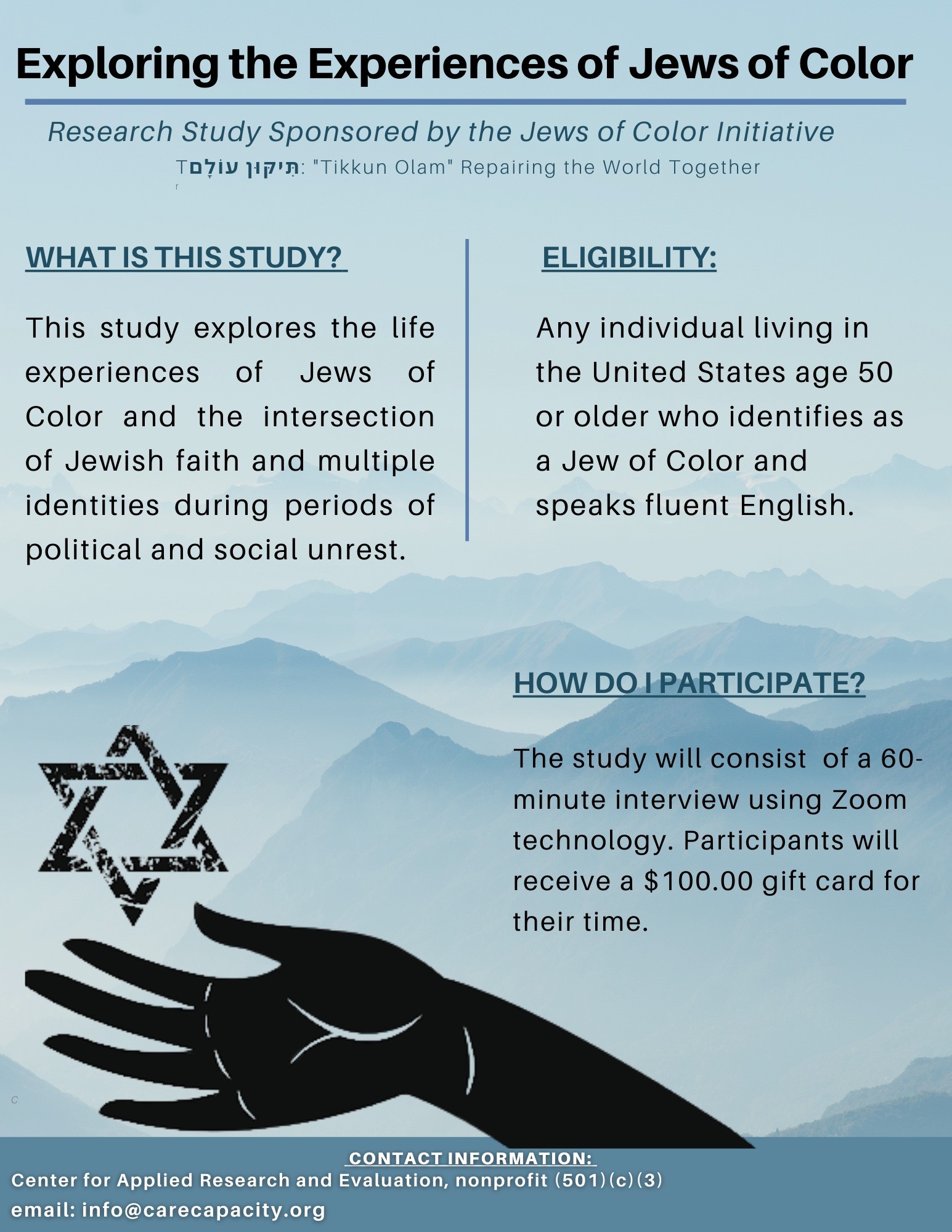 Exploring the Experiences of Jews of Color (research flyer; seeking participants 50+, full text below)