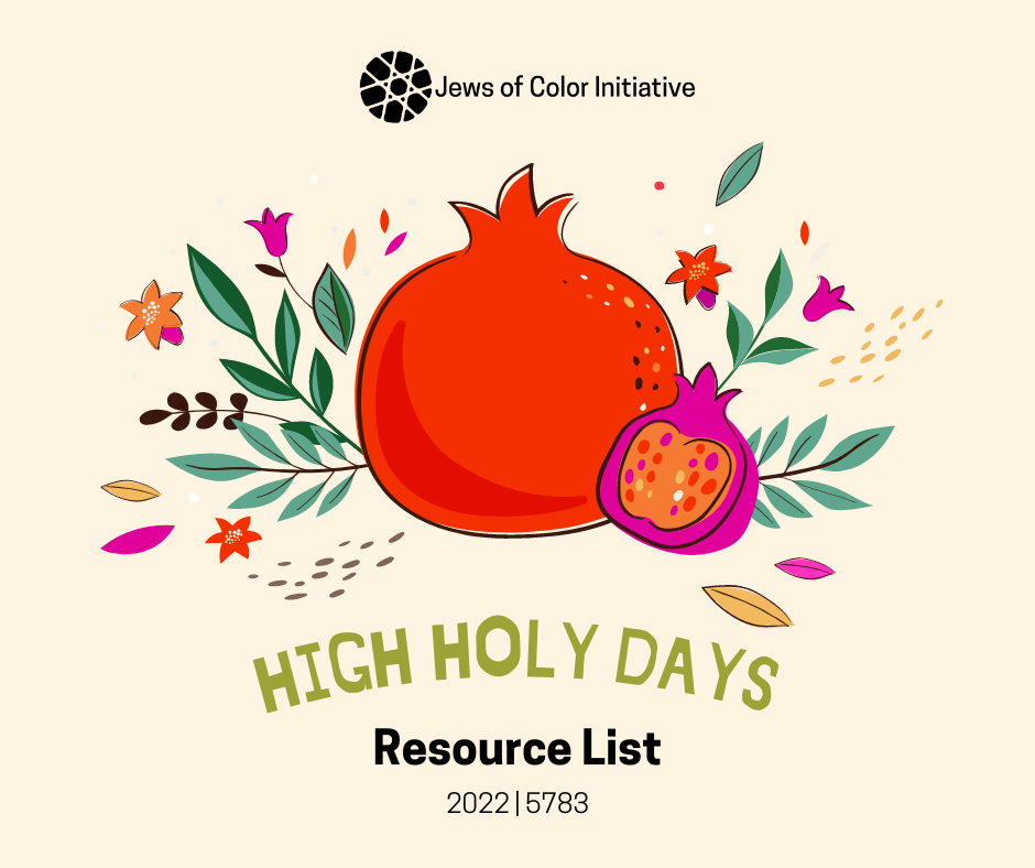 High Holy Days Resource List 2022 / 5783. Image of brightly colored pomegranates and flowers on a cream background