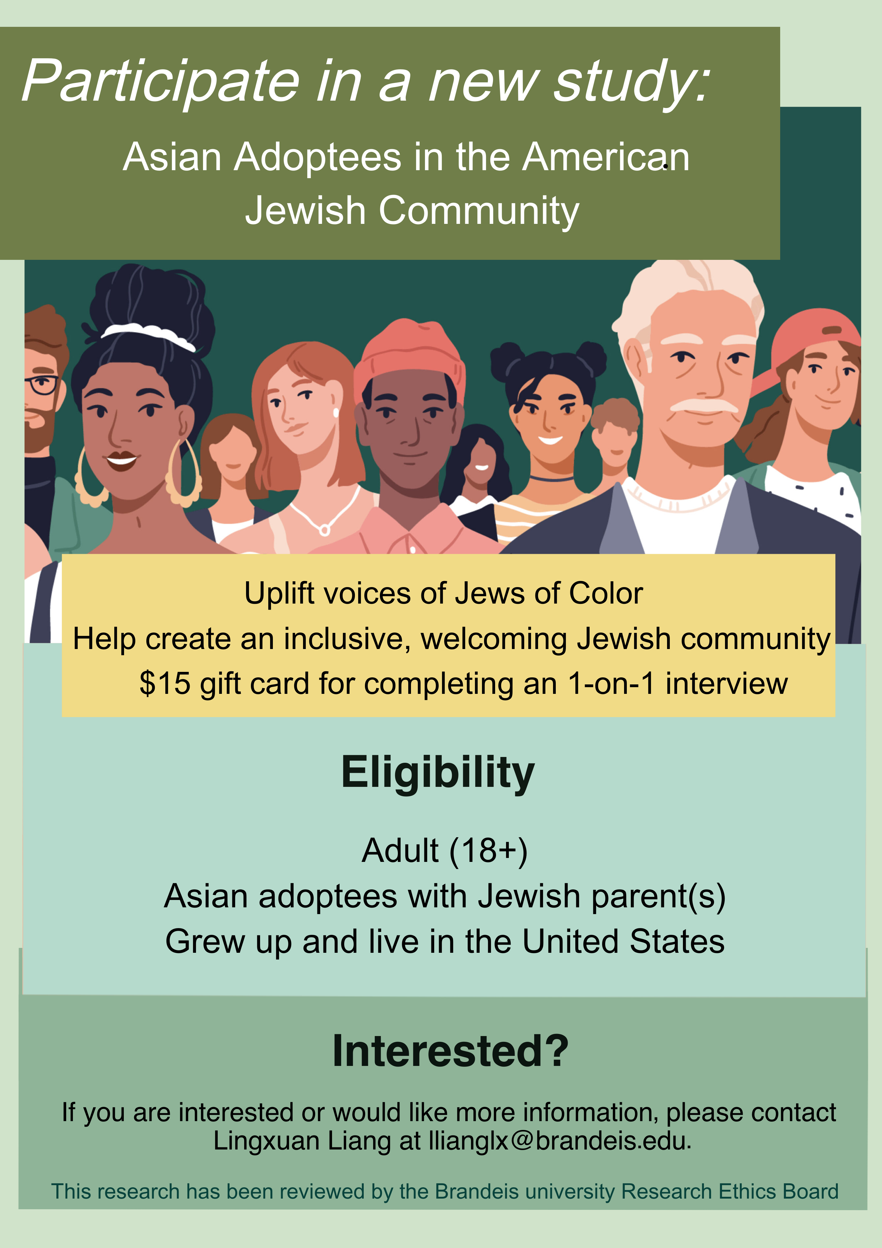 Participate in a new study: Asian Adoptees in the American Jewish community; eligibility age 18+, grew up with Jewish parent(s); Interested? email llianglx@brandeis.edu to sign up!