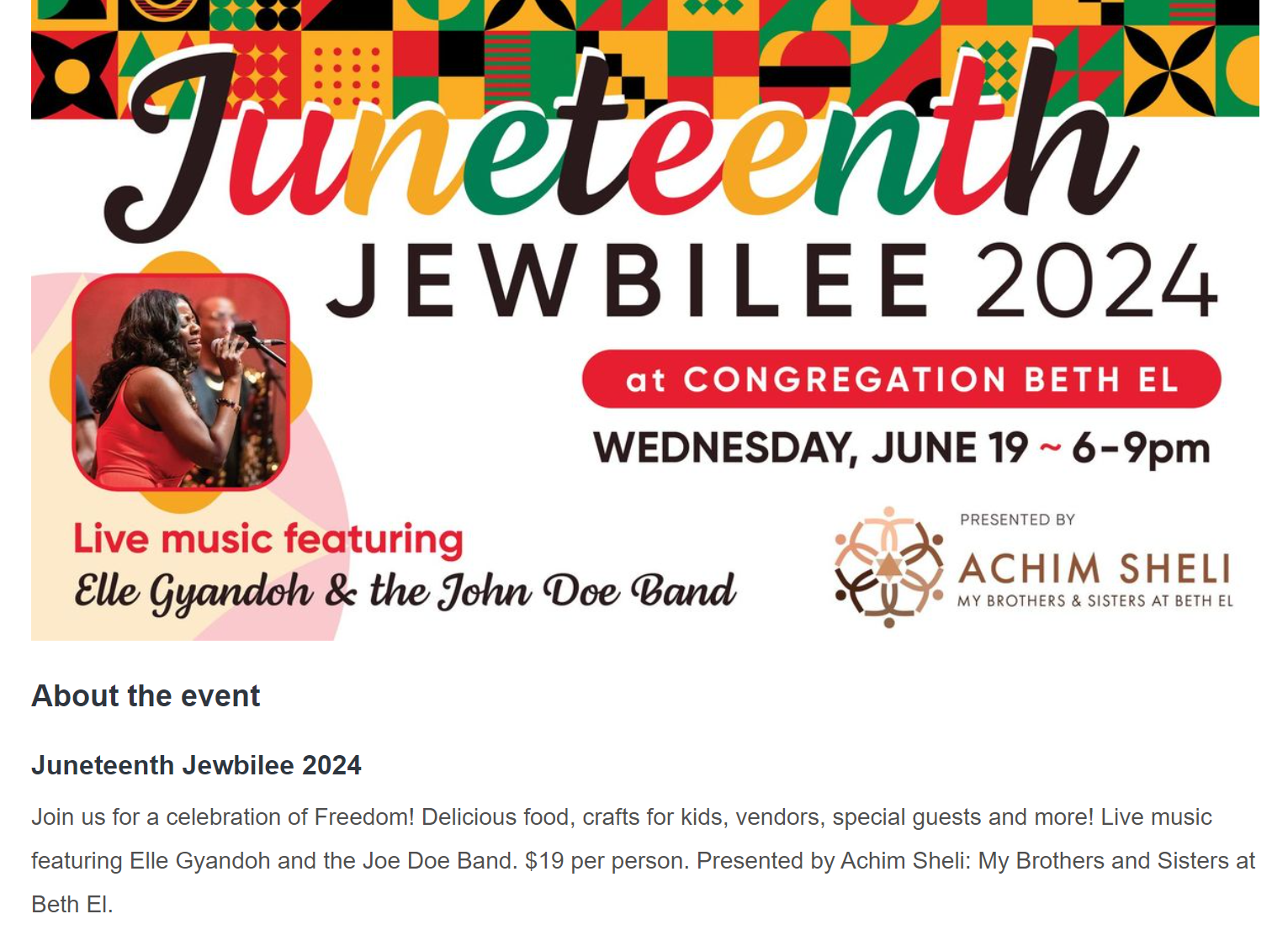 Juneteenth Jewbilee 2024 at Congregation Beth El. Wednesday, June 19, 6-9pm; Achim Sheli