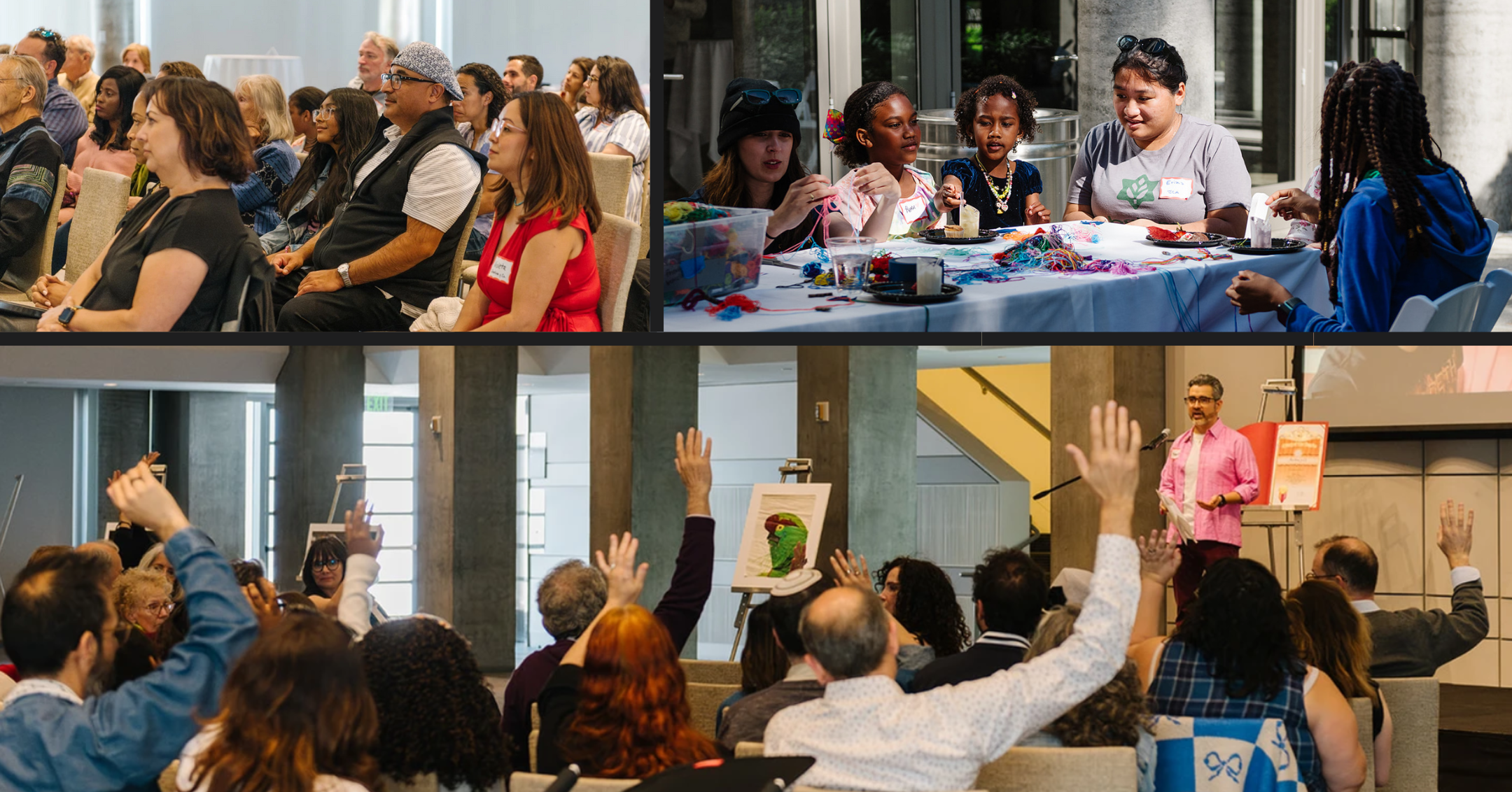 Series of three images showing multiracial, intergenerational community members listening and asking questions in a research presentation and youth engaged in a craft led by an adult at a community building festival.